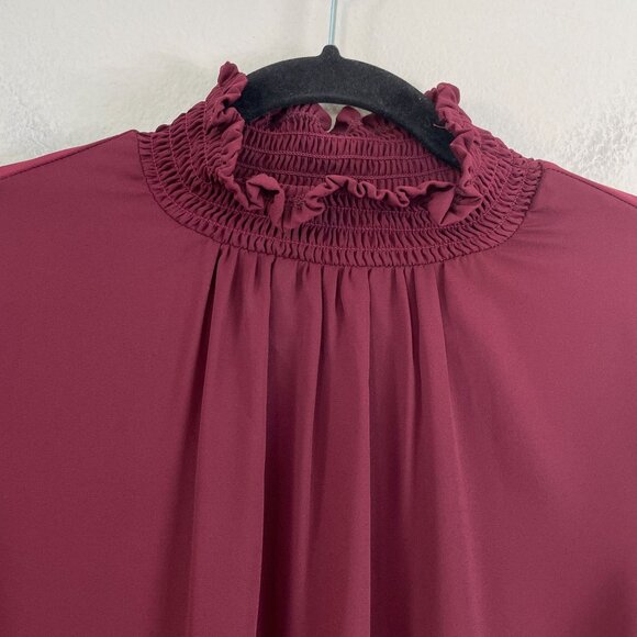 Ann Taylor Womens Small Burgundy Smocked Mock Neck Long Sleeve Blouse Shirt - Picture 8 of 10